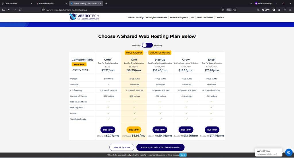VeeroTech annual hosting prices